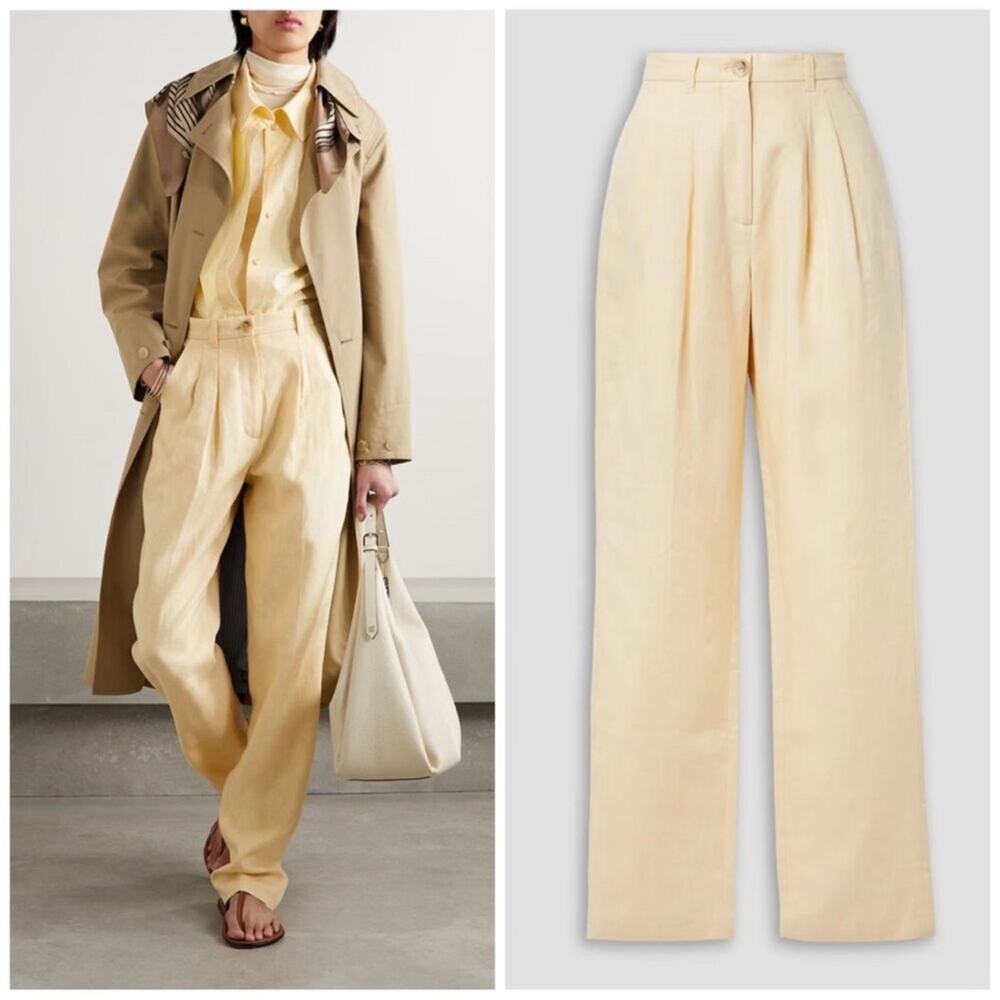 Anine Bing Womenโs Jay High Waisted Yellow Pleated Linen Trouser Pants